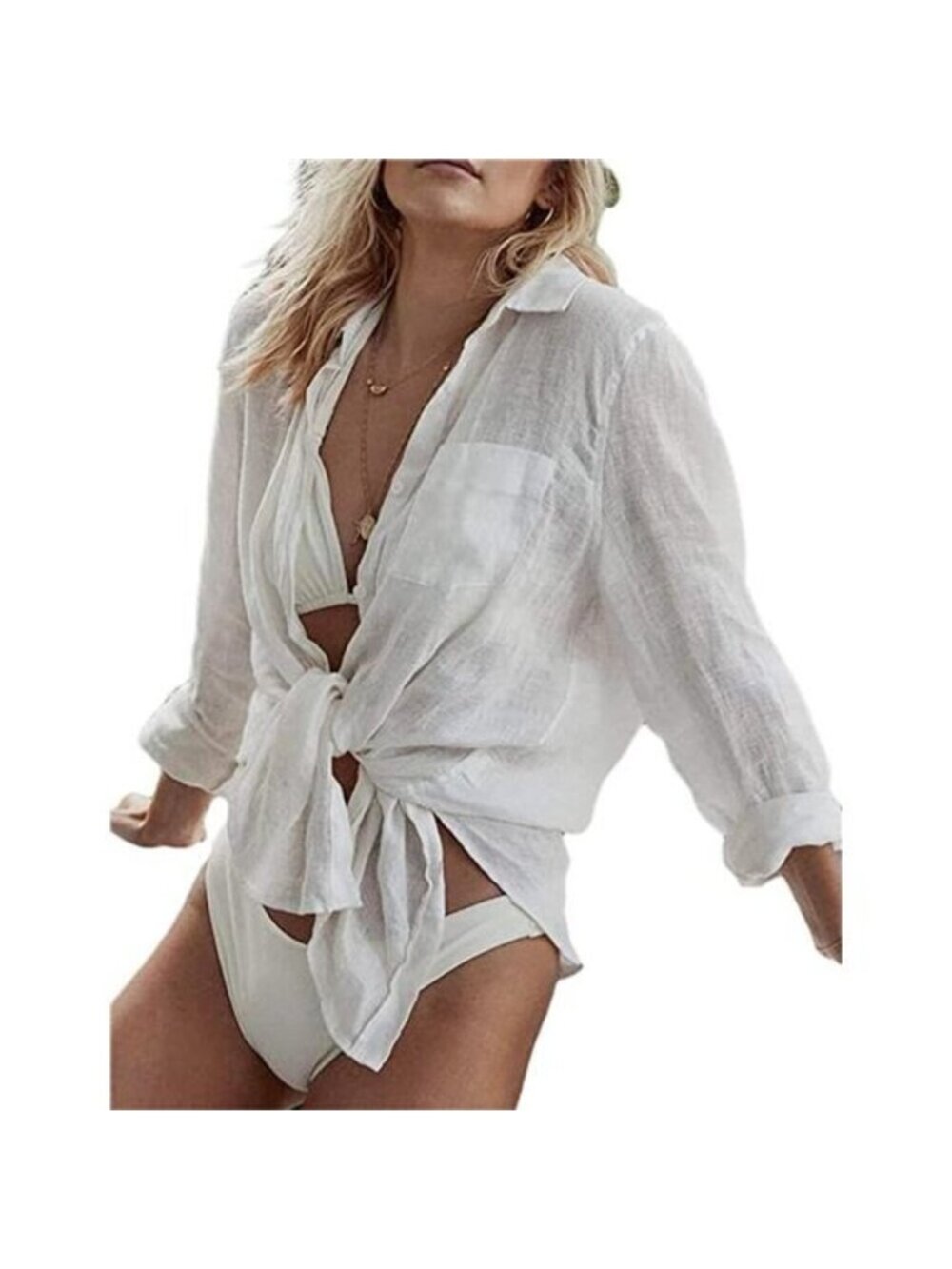 Women's Swimsuit Coverup Long Sleeve Linen Bikini Cover Up Shirt, White